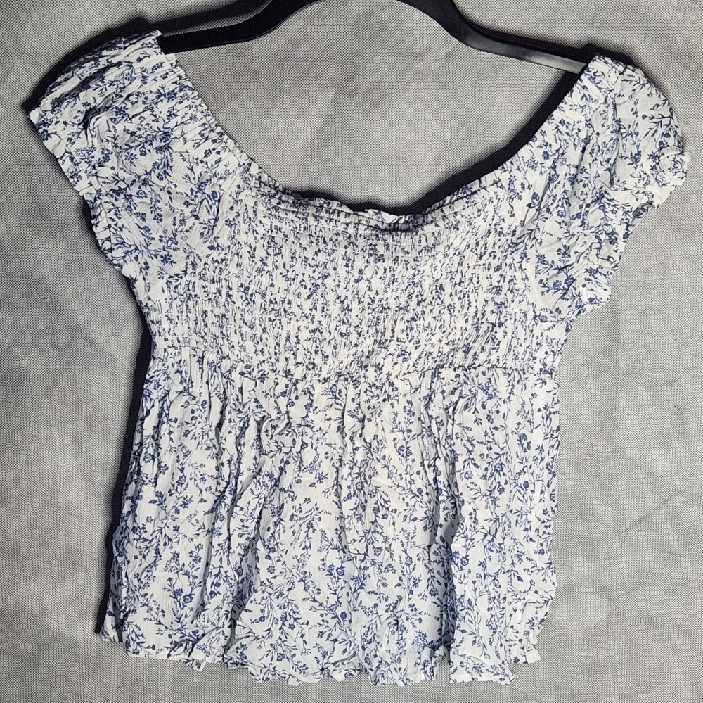 Pink Rose Smock Off The Shoulder Top Delicate Floral Print In A Soft Cream Vines